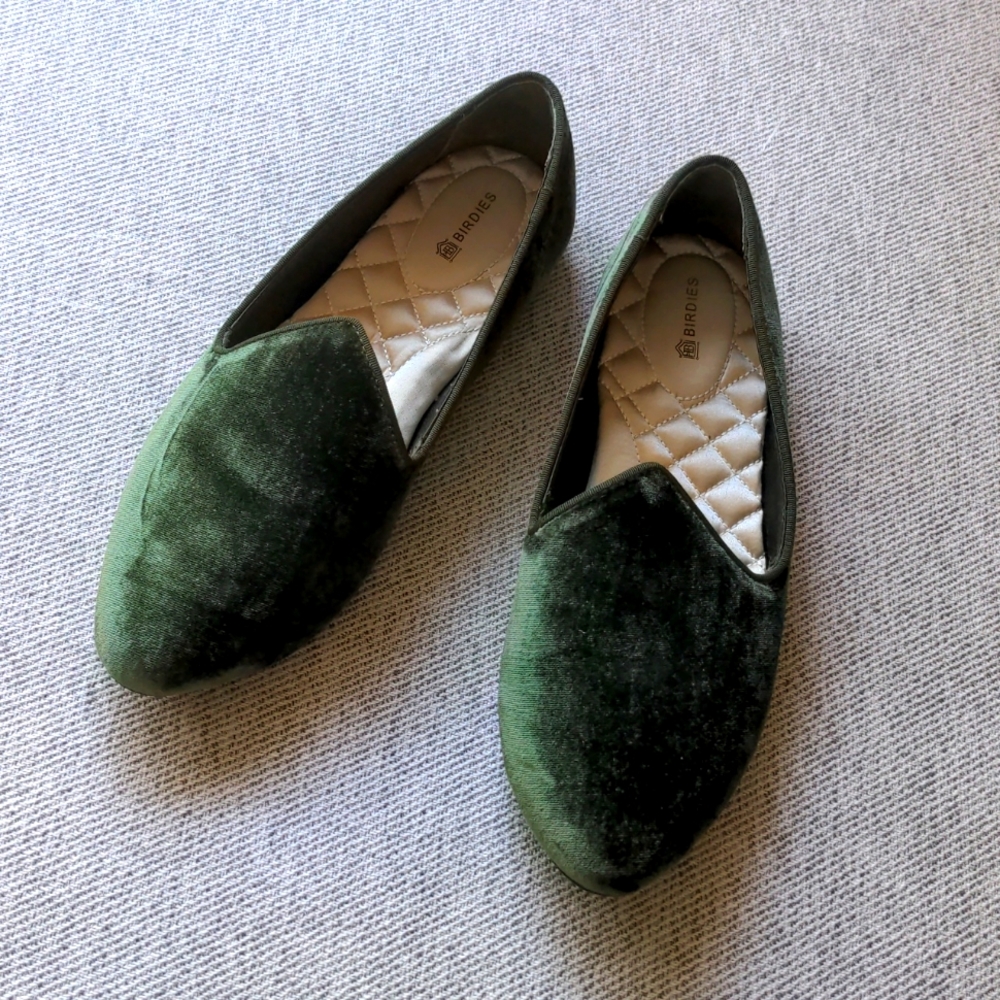 Never worn green velvet Birdies rubber soles shoes
